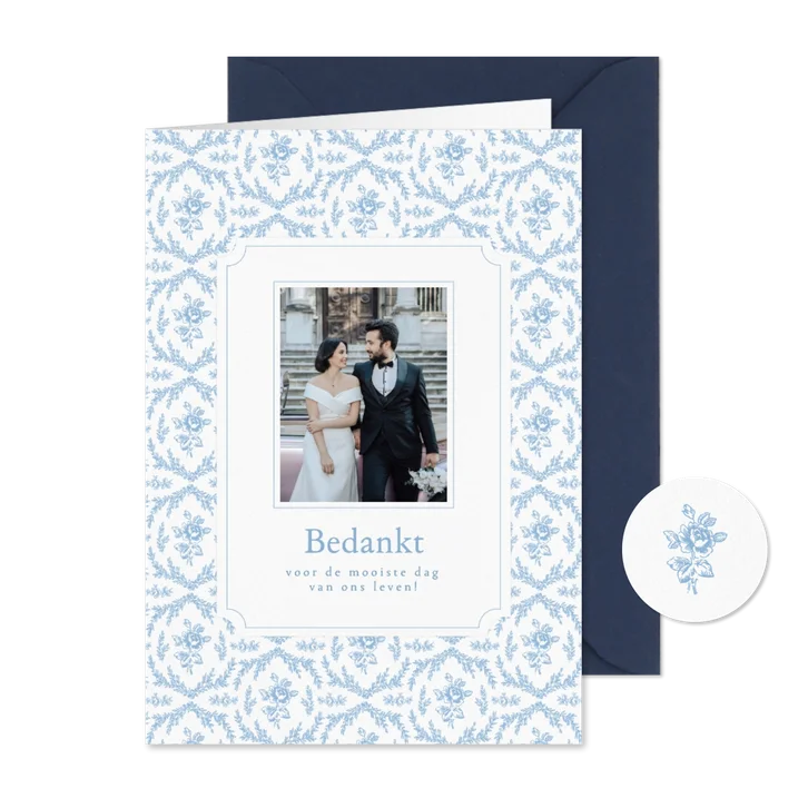 Elegante bedankkaart huwelijk met blauw roze patroon en foto