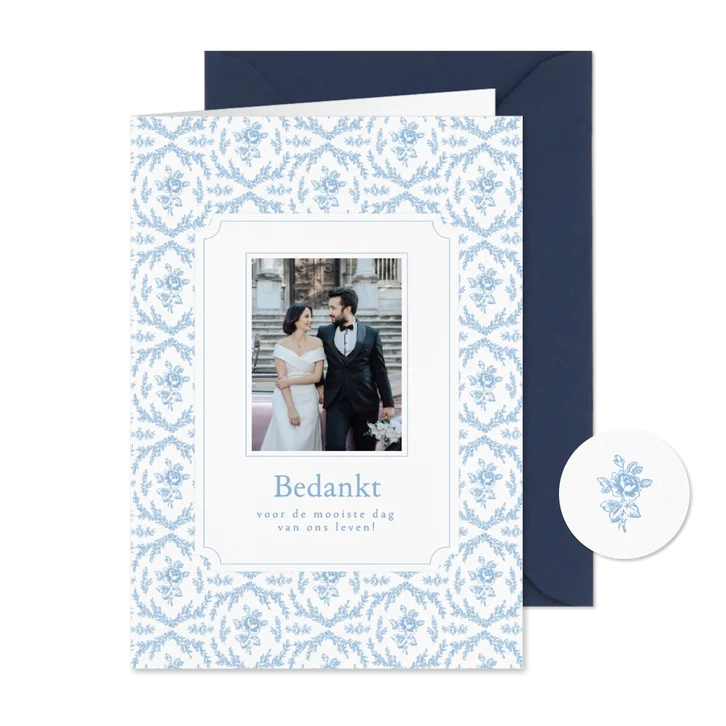 Elegante bedankkaart huwelijk met blauw roze patroon en foto