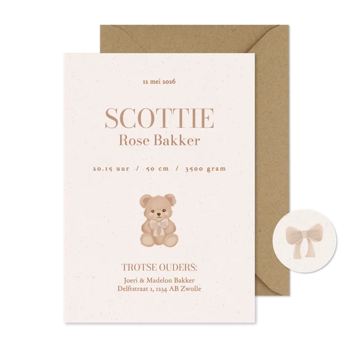 Enkel geboortekaartje met lief beertje beige 