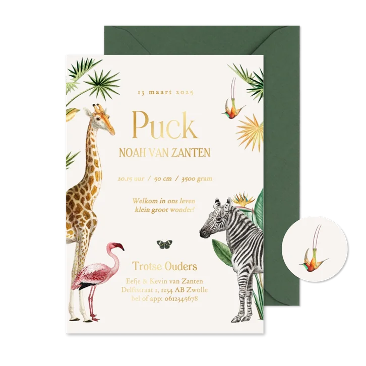Enkele geboortekaartjes met jungle dieren en goud