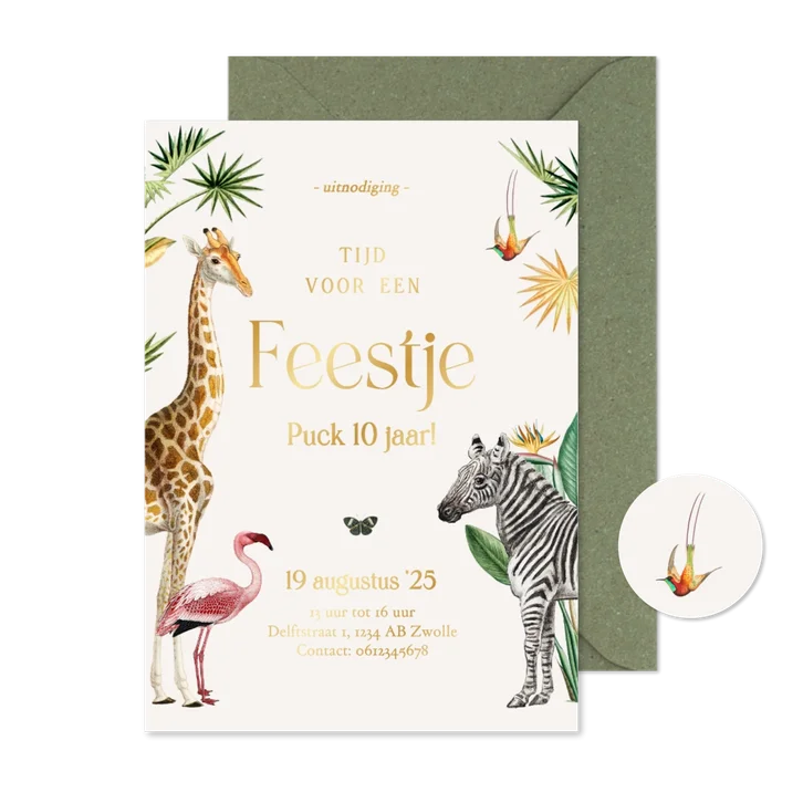 Enkele uitnodigingen kinderfeestje met jungle dieren en goud