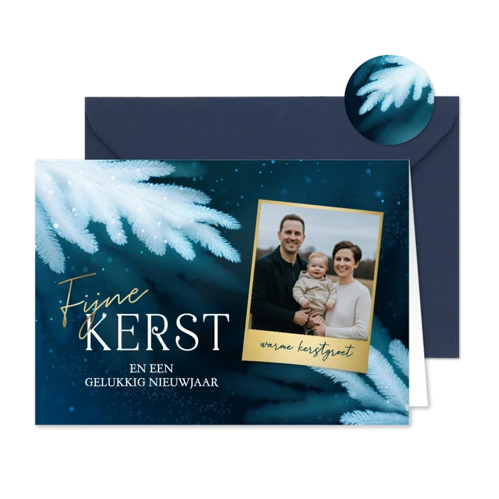 Familie foto kerstkaart blauw met takken