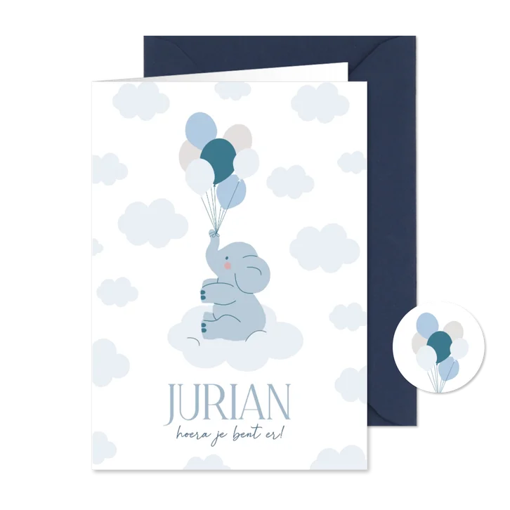 Feestelijk geboortekaartje met olifant wolken en ballonnen