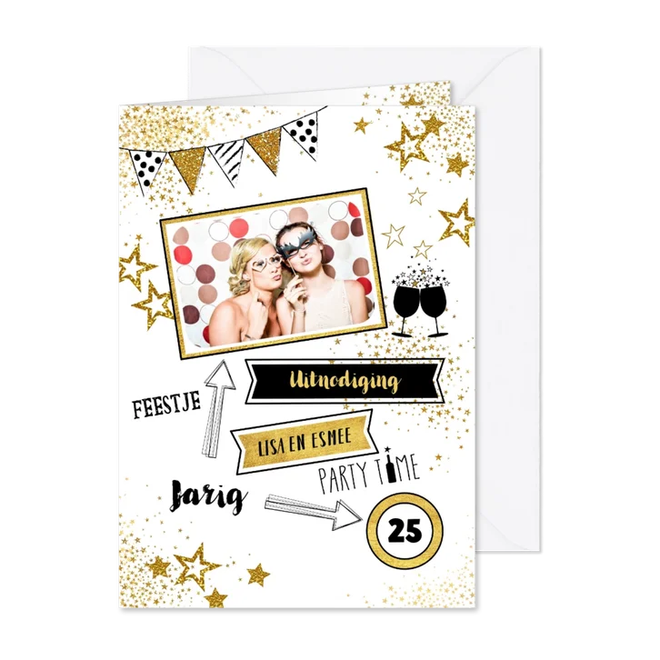 Feestelijke foto kaart uitnodiging met gouden sterren