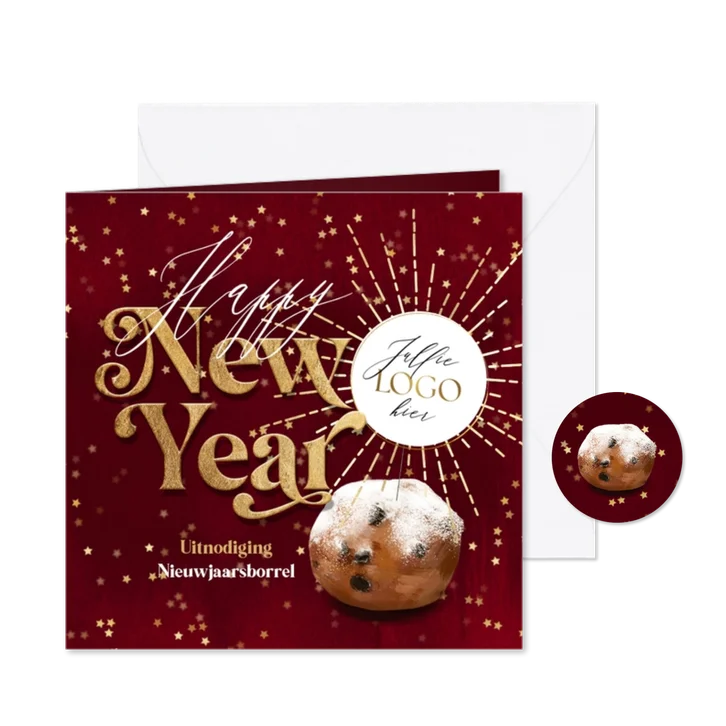 Feestelijke nieuwjaarsjaart vuurwerk sterretjes logo oliebol