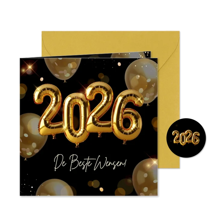 Feestelijke nieuwjaarskaart met gouden helium ballonnen