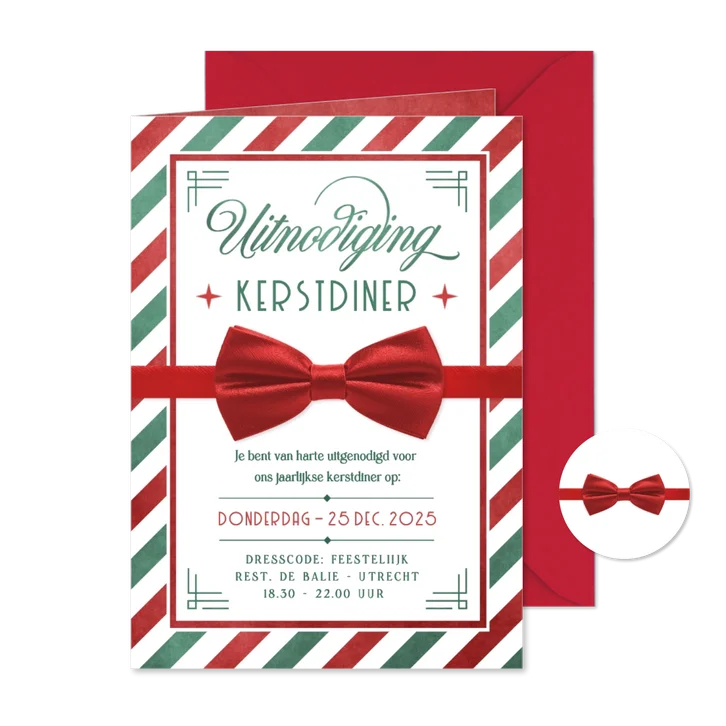 Feestelijke rood groene kerstdiner uitnodiging met strik 
