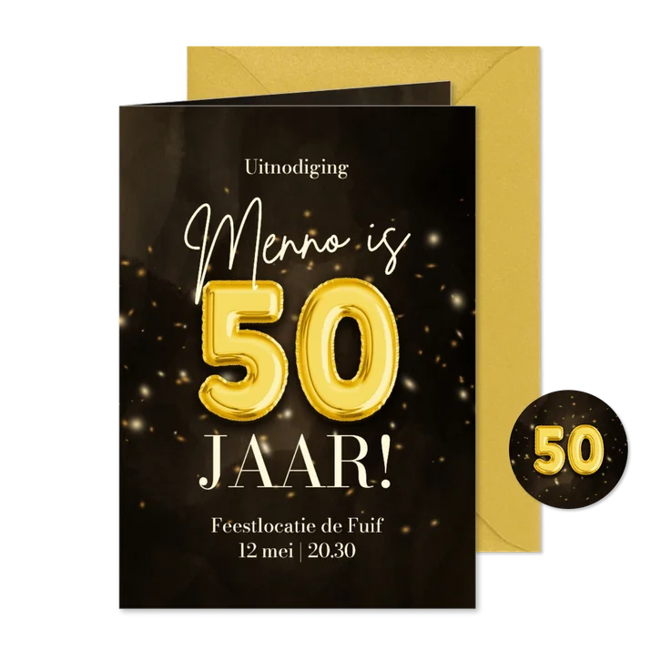 Feestelijke uitnodiging 50 jaar folieballon confetti