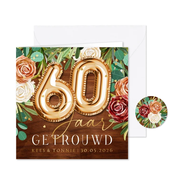 Feestelijke uitnodiging 60 jaar getrouwd botanisch rozen