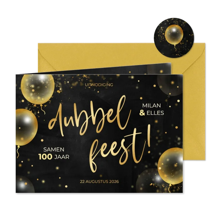 Feestelijke uitnodiging dubbel feest met gouden ballonnen