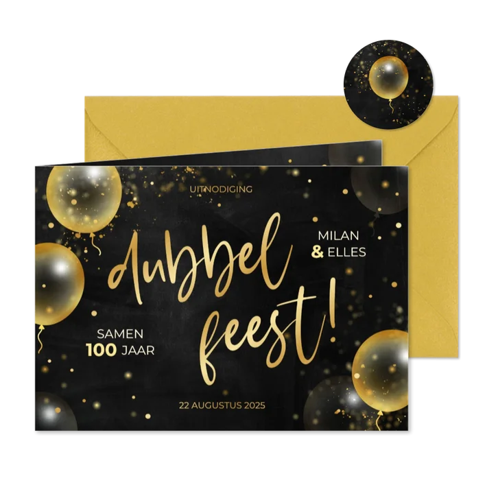 Feestelijke uitnodiging dubbel feest met gouden ballonnen