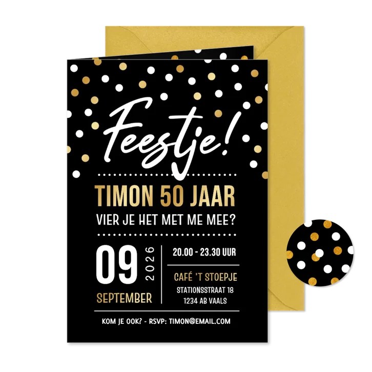 Feestelijke uitnodiging feestje 50 jaar met confetti