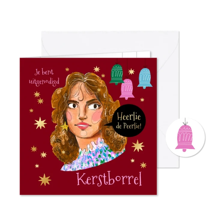 Feestelijke uitnodiging kerstborrel heerlie de peerlie goud