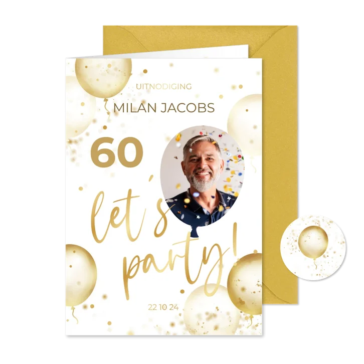Feestelijke uitnodiging let's party met gouden ballonnen