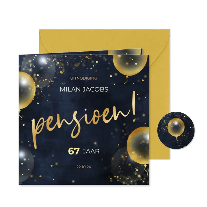 Feestelijke uitnodiging pensioen met gouden ballonnen