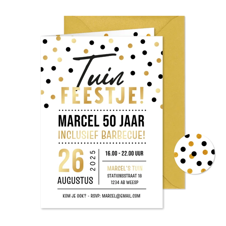 Feestelijke uitnodiging tuinfeestje met confetti en letters