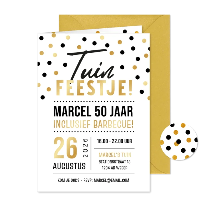 Feestelijke uitnodiging tuinfeestje met confetti en letters