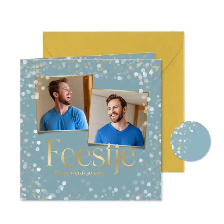 Feestelijke uitnodiging verjaardag blauw met gouden confetti