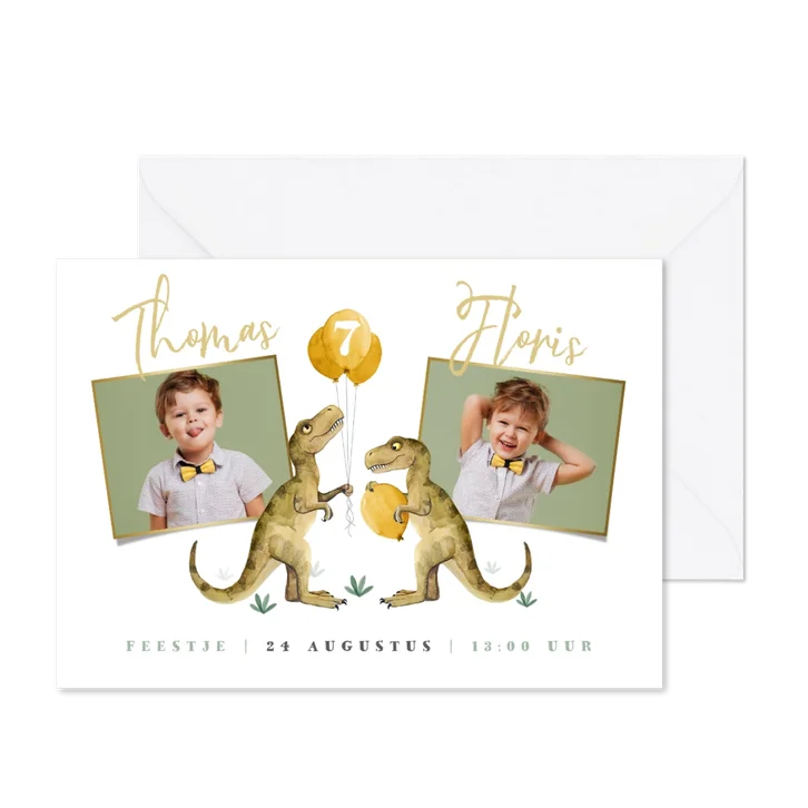 Feestje dinosaurus tweeling ballonnen foto's uitnodiging