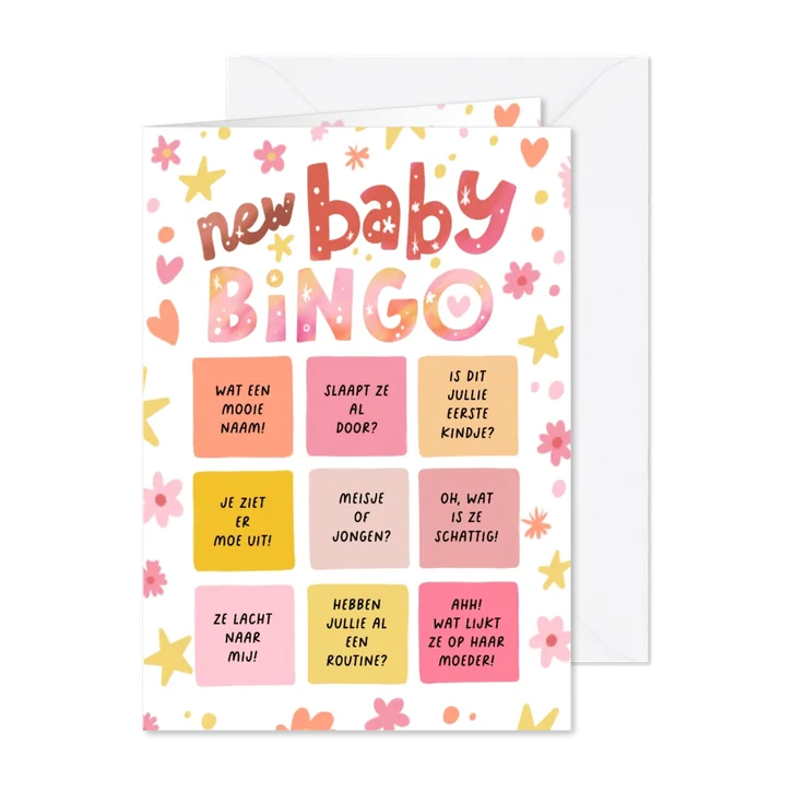 Felicitatie kaart geboorte meisje grappige bingo met bloemen