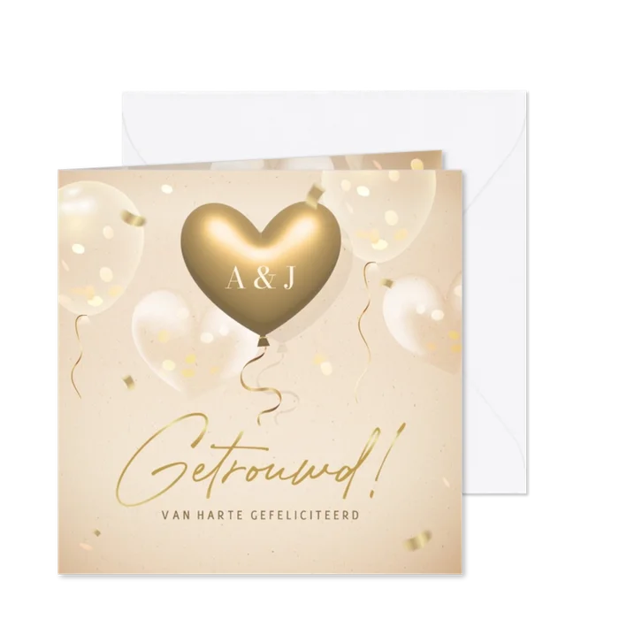 Felicitatiekaart huwelijk met gouden 3d hartjes ballon