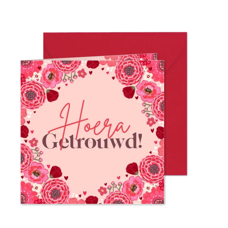 Felicitatiekaart huwelijk met rode en roze bloemen