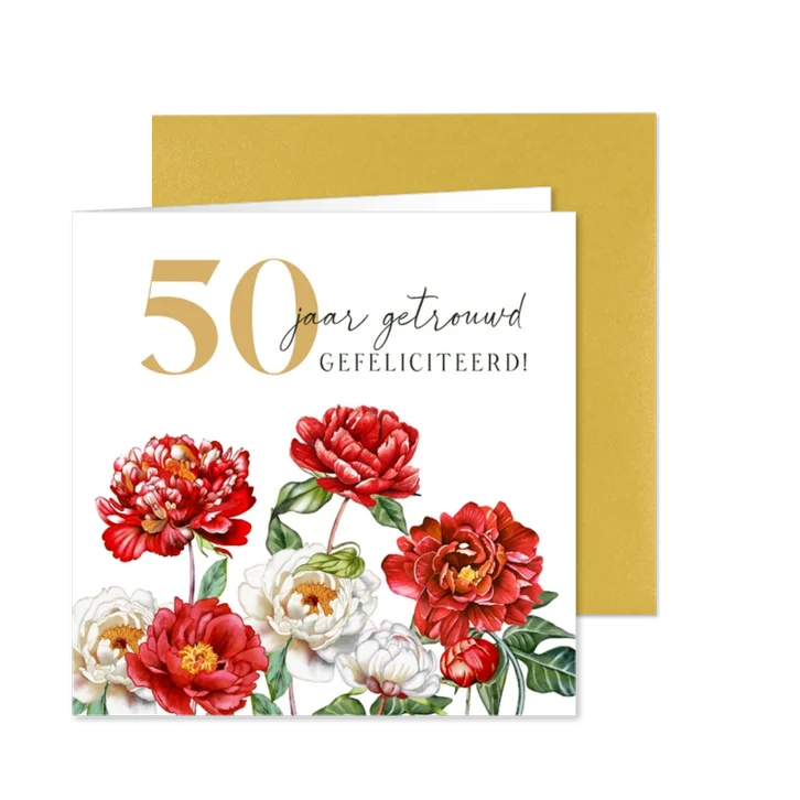 Felicitatiekaart huwelijksjubileum witte en rode pioenrozen