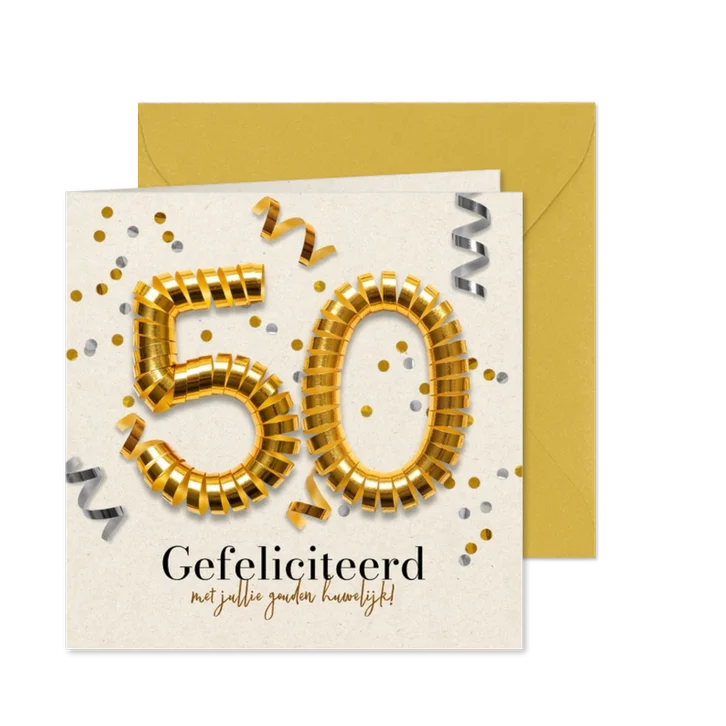 Felicitatiekaart jubileum 50 jaar gouden huwelijk confetti