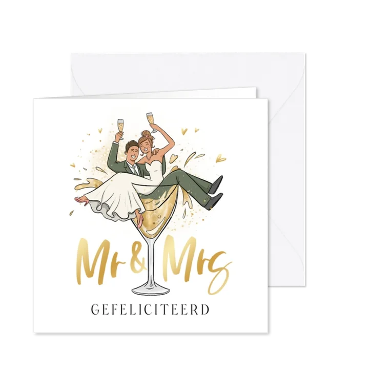 Felicitatiekaart mr and mrs champagne grappig cartoon goud