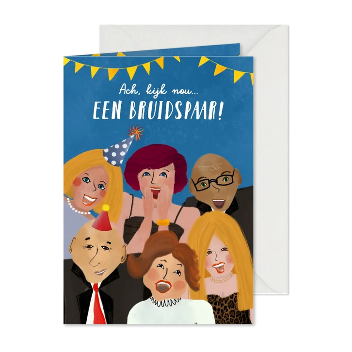 Felicitatiekaart voor huwelijk met lachende mensen