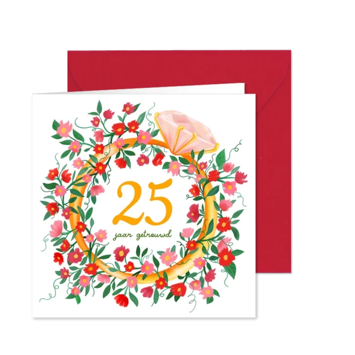 Felicitatiekaart voor huwelijksjubileum met ring en bloemen