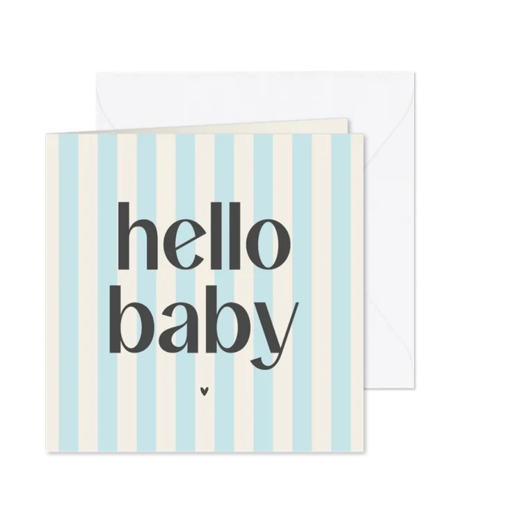 Felicitatiekaartje blauw beige gestreept hello baby hartje