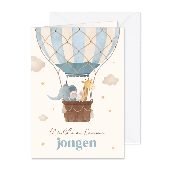 Felicitatiekaartje geboorte jongen luchtballon dieren
