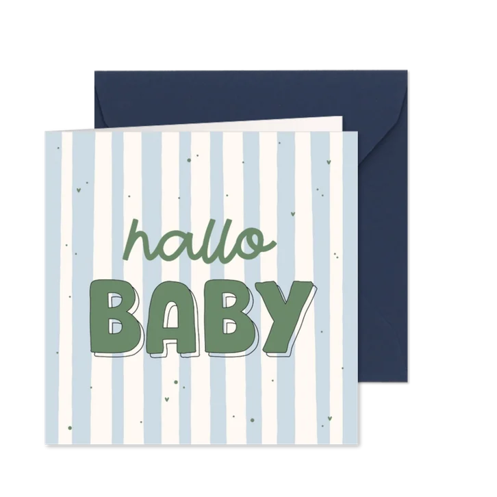 Felicitatiekaartje hallo baby blauw gestreept hartjes