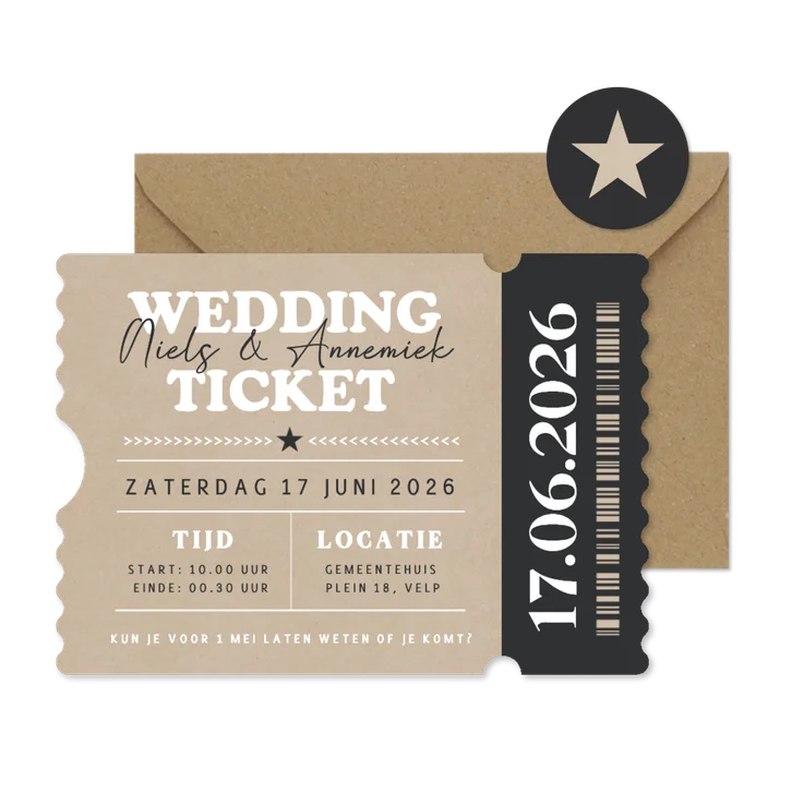 Festival wedding ticket uitnodiging in echte ticket vorm