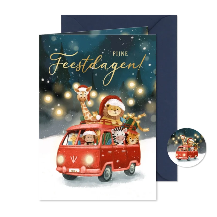 Fijne feestdagen met dieren in busje in de sneeuw