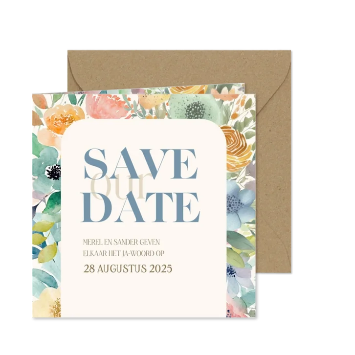 Fleurige save the date waterverf bloemen en takjes
