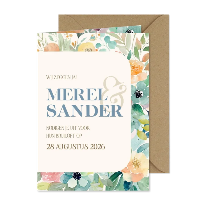 Fleurige trouwkaart waterverf bloemen en takjes