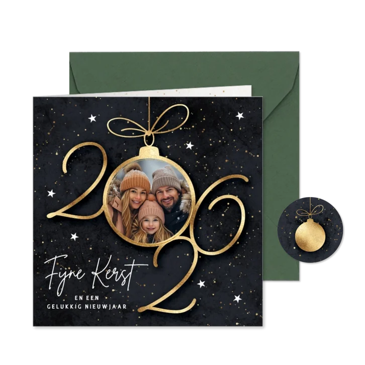 Foto kerstkaart 2026 gouden kerstbal sterren