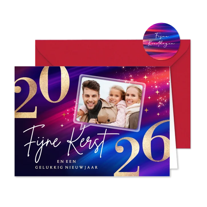 Foto kerstkaart 2026 rood met blauw