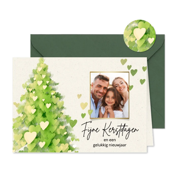 Foto kerstkaart hartjes kerstboom groen