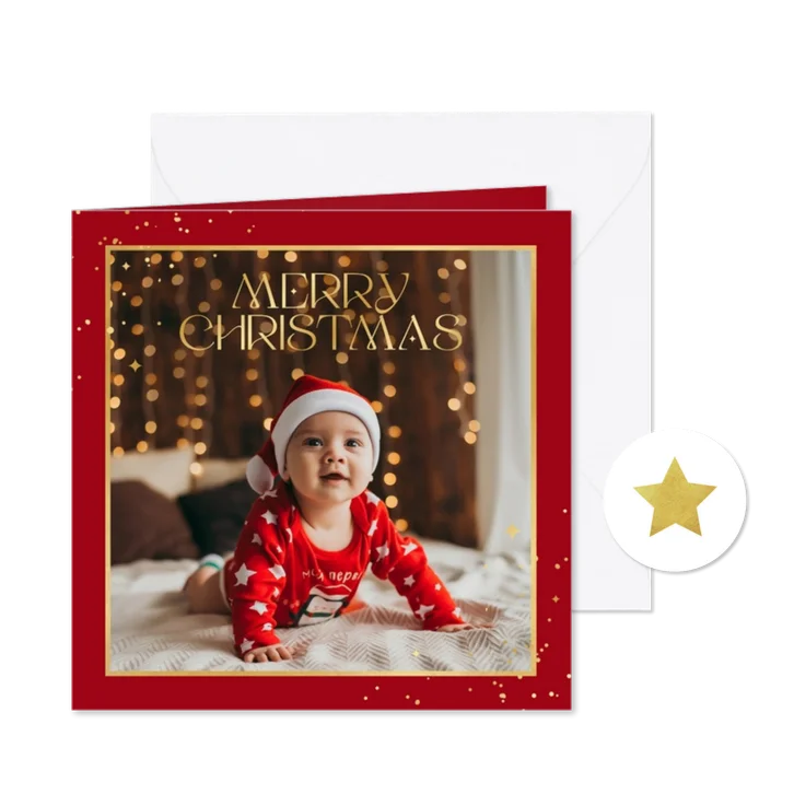 Foto kerstkaart merry christmas sparkle sprankelend goud