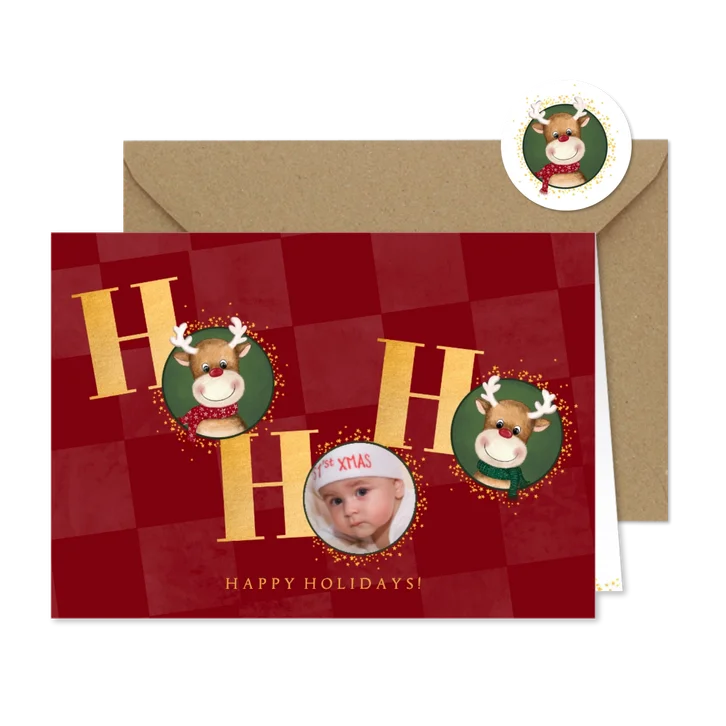 Foto kerstkaart – Rendier HO HO HO – Rode kerstkaart