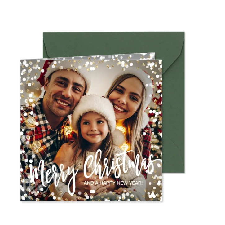 Foto kerstkaart vrolijke foto sneeuw confetti sterretjes 