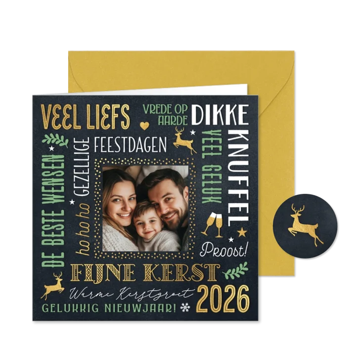 Foto kerstkaartje kerst wensen 2026 in groen en goud