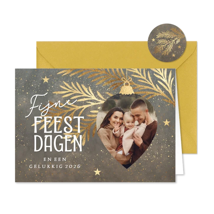 Foto kerstkaartje sjieke kerstbal taupe 2026