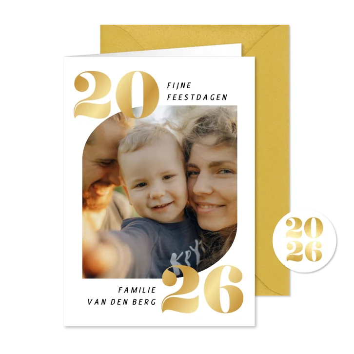 Foto kerstkaartje wit fijne feestdagen gouden 2026