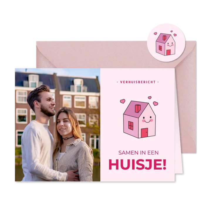 Foto verhuiskaart roze met lachend huisje en hartjes