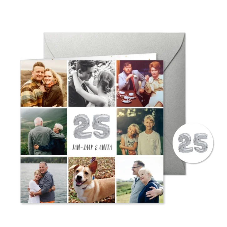 Fotocollage huwelijksjubileum kaart met zilveren 25 ballon
