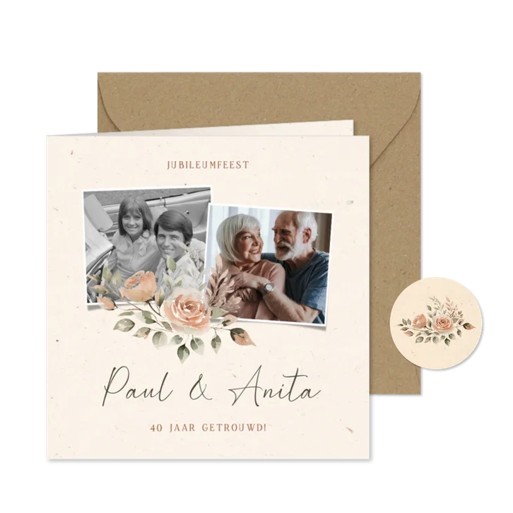 Fotocollage jubileumkaart 40 jaar getrouwd met bloemen